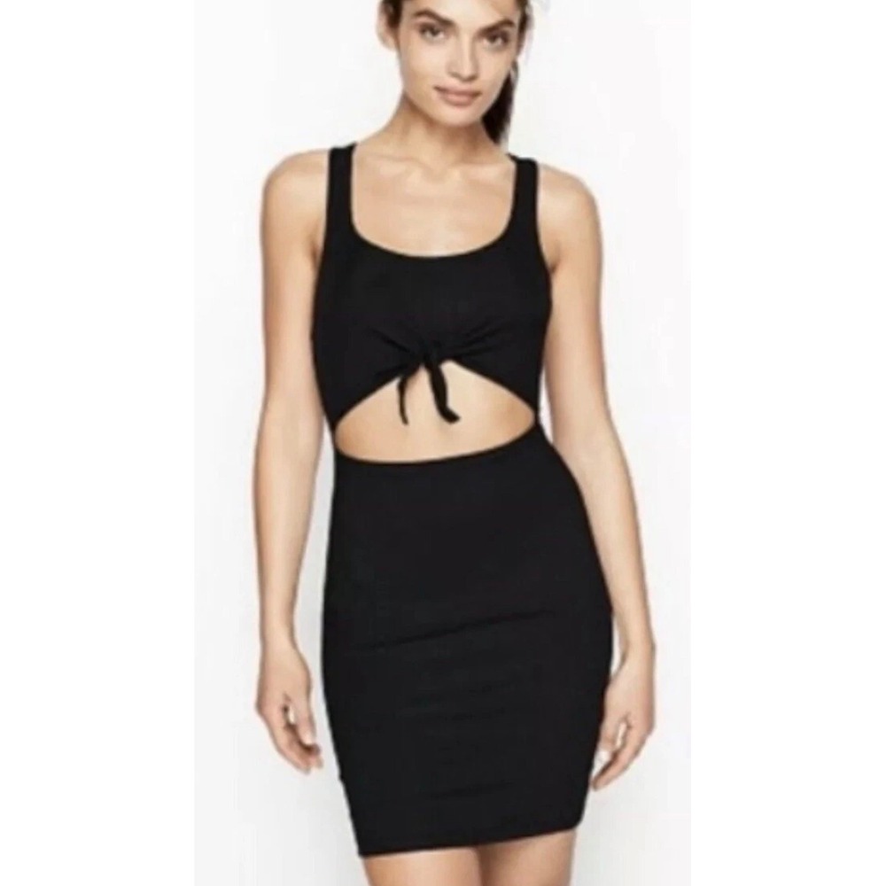 Victoria Sport Ribbed Cutout Tie Front Bodycon Dress Womens M Black